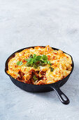 Cheesy lentil and vegetable frying pan lasagne