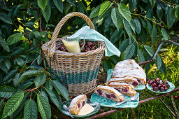 Cherry strudel and freshly picked cherries in a garden