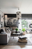 Bohemian-style living room in shades of grey