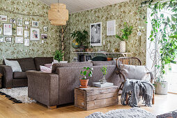 Cosy living room with floral wallpaper