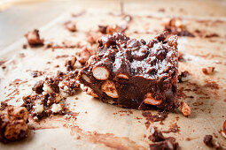 A leftover piece of Rocky Road cake (chocolate and marshmallow cake, USA)