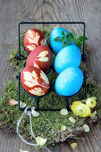 Easter eggs decorated with leaves and blue Easter eggs