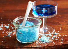 Homemade blue sugar flavored with Blue Curacao syrup