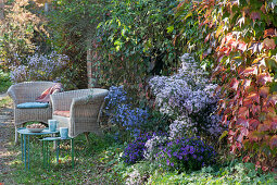 Shady seat with wicker armchairs and autumn branches