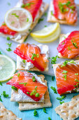 Crackers with cream cheese and salmon gravlax, lemon and green onions