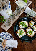 Ricotta toast with peas, lemon zest and olive oil, blueberry scones