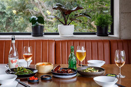 Green beans with minced pork, Chines-style roast duck, cuttlefish with chili and green onion