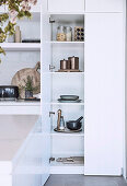 Open kitchen cupboard in modern white kitchen