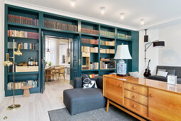 Blue bookcase and open double doors
