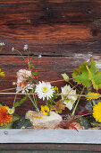 Ornamental squash and autumnal flowers arranged in dish