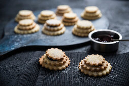 Vegan tower biscuits filled with blackcurrant jam
