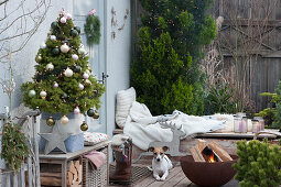 Christmas terrace with sugar loaf spruce and fire bowl