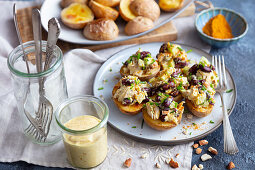 Baked potatoes stuffed with chicken and red kidney bean salad