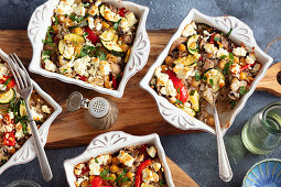 Vegetables, rice, feta and chickpeas bake