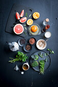 Various citrus fruits, tea, cocoa and herbs