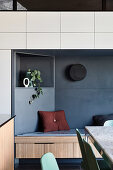 Built-in bench in the modern built-in closet in the kitchen