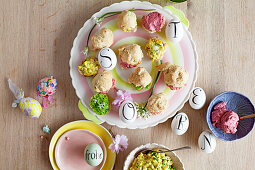 Small scones with different spreads for Easter