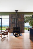 Two dogs in front of the fireplace in the living room with a view of nature