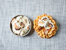 Waffles with chocolate marshmallow and mandarin quark