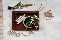 Potted snowdrops and candles on wooden tray