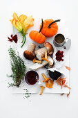 An arrangement of autumnal vegetables, mushrooms, berries, spices and thyme