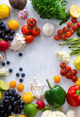 Various summer vegetables and fruits - Enoki mushrooms, asparagus, cherry tomatoes and berries