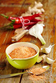 Homemade spice mixture with peperoni, garlic, salt and ginger