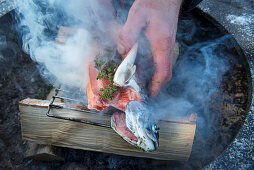 A winter barbecue: salmon trout being smoked with juniper berries (Norway)