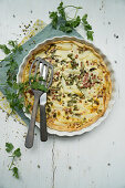 Asparagus quiche with diced bacon, chervil and green pepper