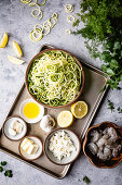 Ingredients for zoodles with shrimps