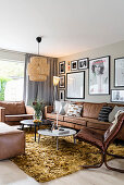 Brown leather sofa set in retro-style living room