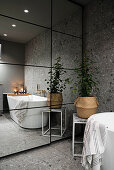 Cupboards with mirrored sliding doors in grey bathroom