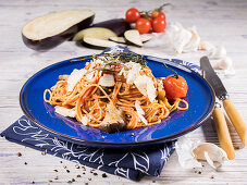 Spaghetti Siciliana with aubergine, cherry tomato, parmesan, thyme, rosemary and garlic
