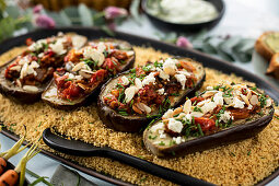 Roasted aubergines filled with moroccan vegetable tagine