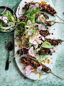 Walnut and Miso Filled Eggplant with Radish Salad