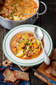 Cabbage and potato soup with chorizo