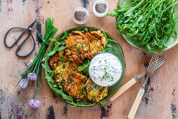 Zucchini fritters with a chive dip