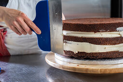 Weddingcake with chocolate cake, vanilla butter cream and raspberrie filling