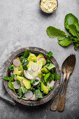 Green organic vegetables salad with avocado, kale, green peas, sprouting herbs, radish in rustic bowl