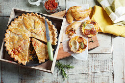 Beef keema pie, onion cheese tartlets and empanada pies with chicken