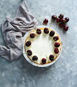 Black forest cake, dark chocolate and cherry dessert on the stone grey background