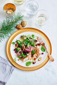 Peppered mackerel and pink pickled onion salad