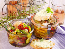 Pickled, marinated antipasti vegetables in preserving jars to take away
