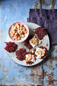 Beetroot fritters with soured cream and salmon tartare
