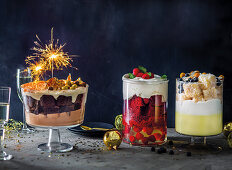 Death by chocolate trifle, Red velvet and champagne trifle and Lemon-vanilla-coconut lamington trifle