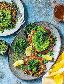 Sweet potato pancakes with pea purée and spinach