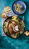 Za'atar roasted chicken with saffron spinach pilaf