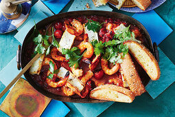 Spiced baked prawns and feta with toasted pide