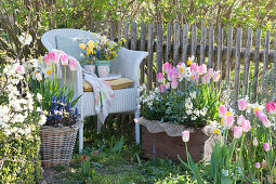 Wicker armchair with a spring bouquet between buckets with spring plants on the garden fence