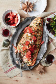 Charred herb and feta salmon with radish and onion pickle